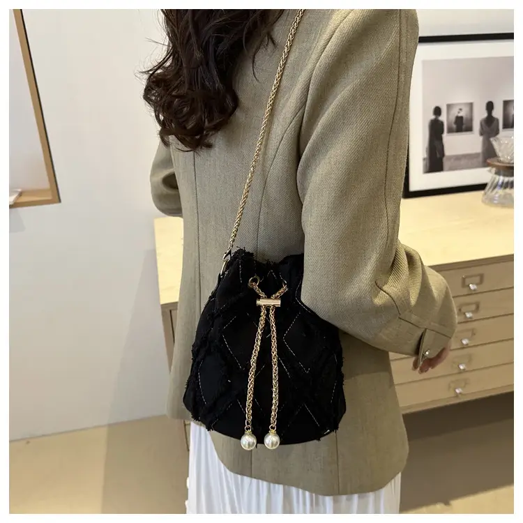 Black Drawstring Fringed Bucket Bag for Women — feature 20