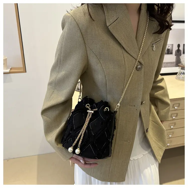 Black Drawstring Fringed Bucket Bag for Women — feature 21