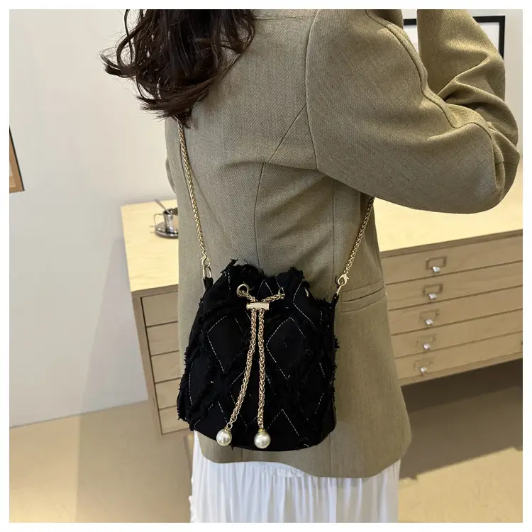 Black Drawstring Fringed Bucket Bag for Women — feature 23