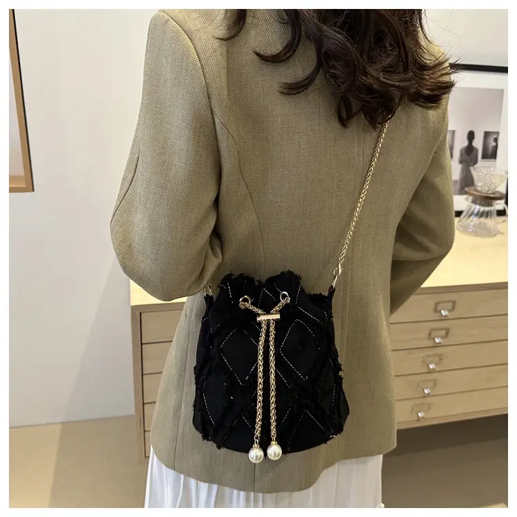Black Drawstring Fringed Bucket Bag for Women — feature 24