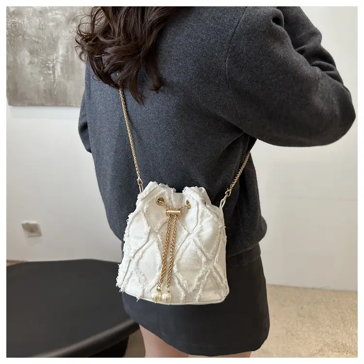Black Drawstring Fringed Bucket Bag for Women — feature 25