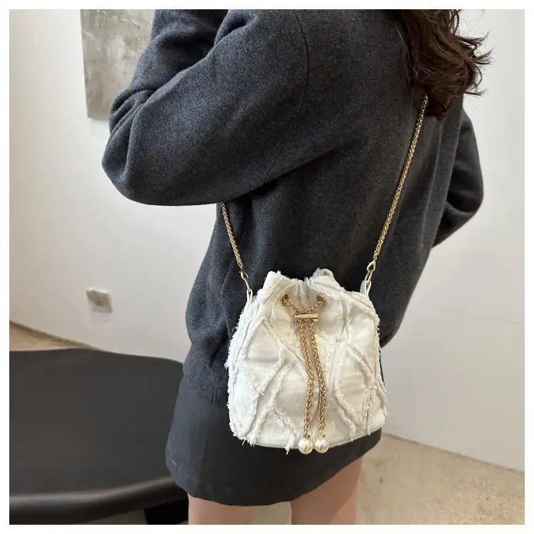 Black Drawstring Fringed Bucket Bag for Women — feature 27