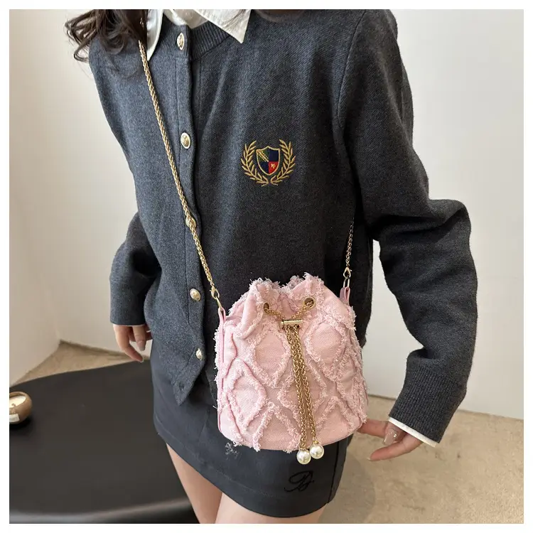 Black Drawstring Fringed Bucket Bag for Women — feature 31