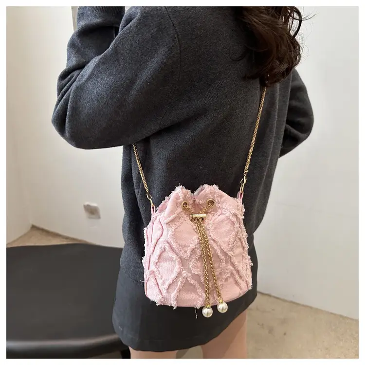Black Drawstring Fringed Bucket Bag for Women — feature 33