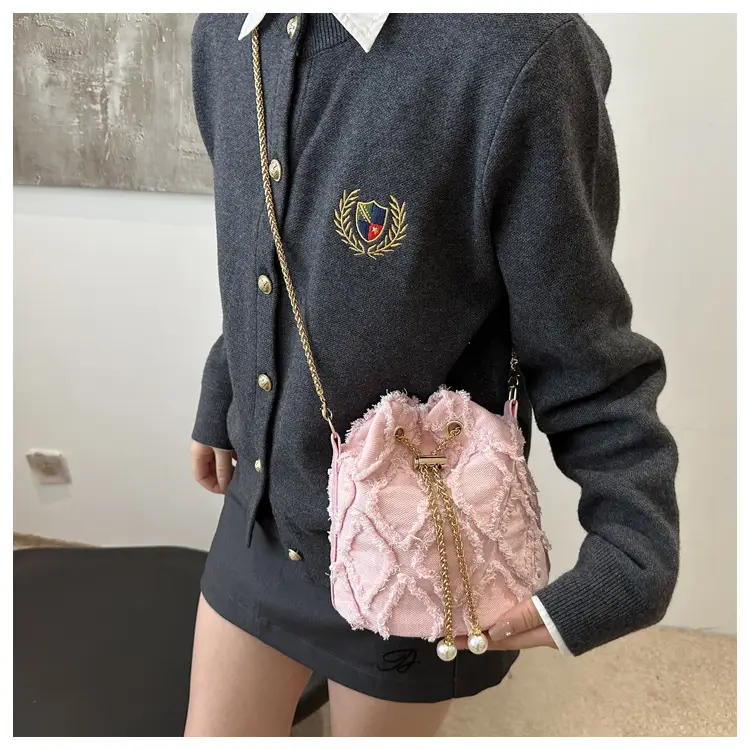 Black Drawstring Fringed Bucket Bag for Women — feature 34