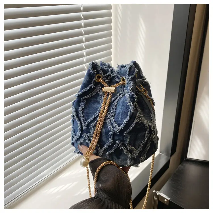 Black Drawstring Fringed Bucket Bag for Women — feature 8