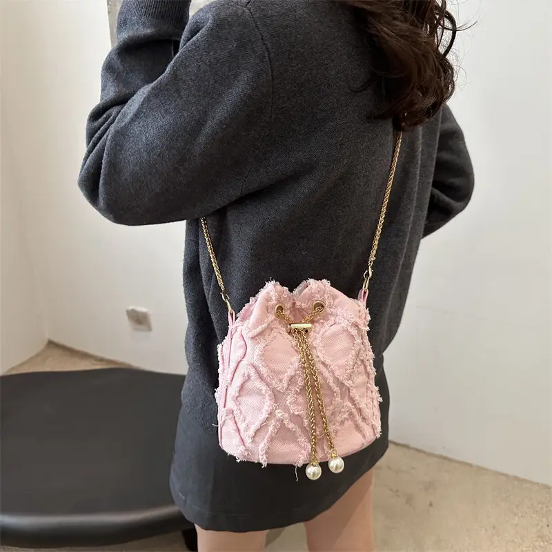 Black Drawstring Fringed Bucket Bag for Women