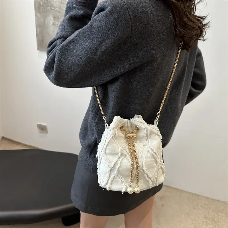 Black Drawstring Fringed Bucket Bag for Women