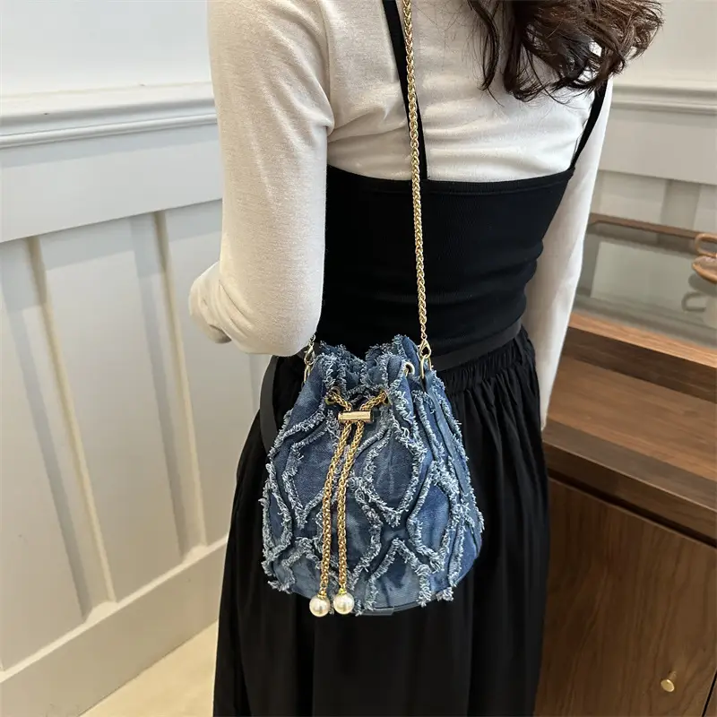 Black Drawstring Fringed Bucket Bag for Women