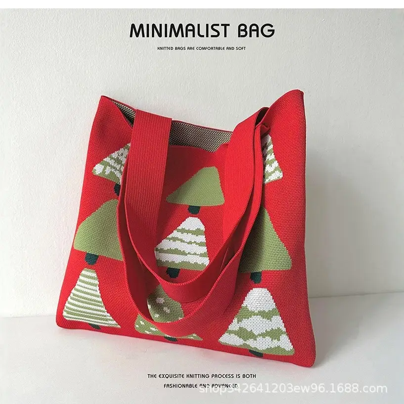 Christmas Knitted Shoulder Bag for Women Red - Image 5