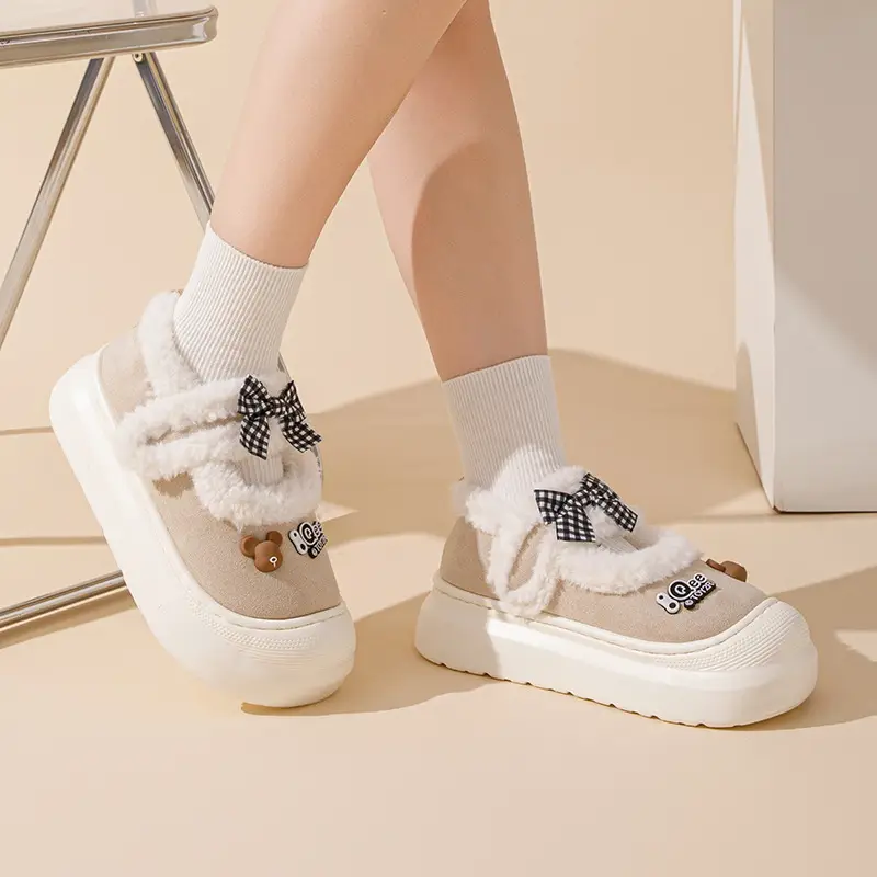 Bow cotton slippers women autumn and winter 2024 new cartoon warm thick bottom wool plush warm moon shoes women - Image 4