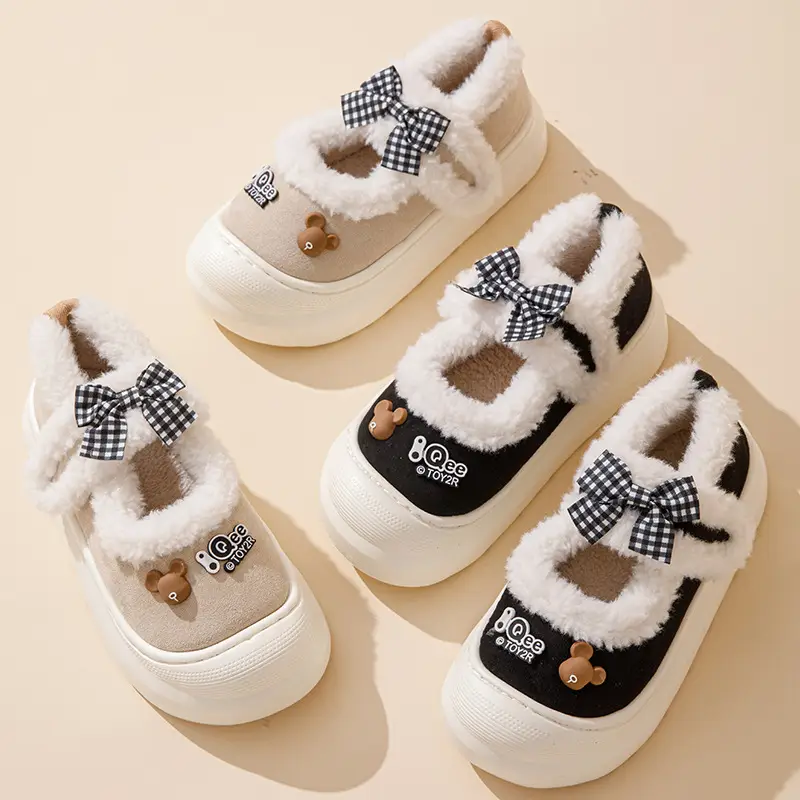 Bow cotton slippers women autumn and winter 2024 new cartoon warm thick bottom wool plush warm moon shoes women - Image 5