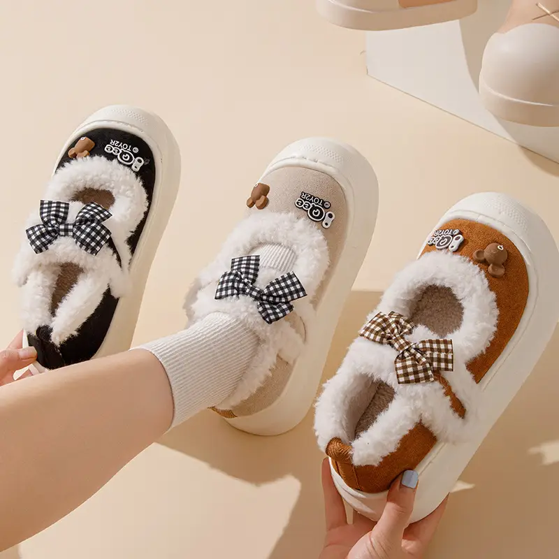 Bow cotton slippers women autumn and winter 2024 new cartoon warm thick bottom wool plush warm moon shoes women - Image 7
