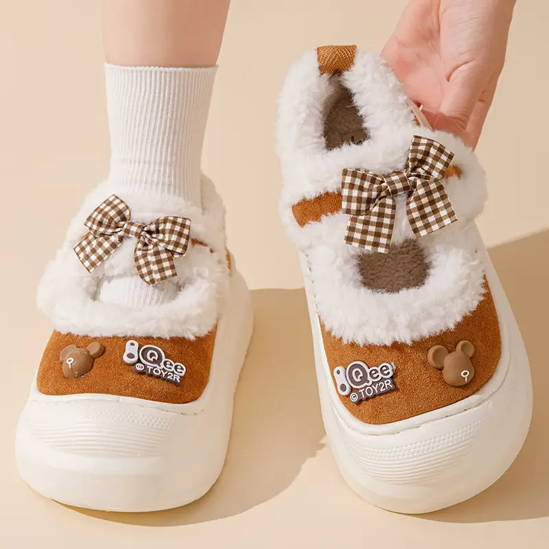 Bow cotton slippers women autumn and winter 2024 new cartoon warm thick bottom wool plush warm moon shoes women - Image 2