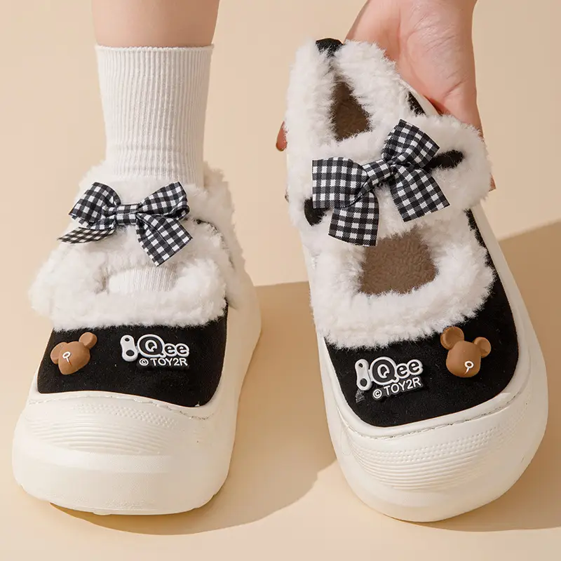 Bow cotton slippers women autumn and winter 2024 new cartoon warm thick bottom wool plush warm moon shoes women - Image 3