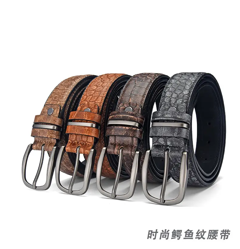 Men's Brown Croc Leather Belt with Silver Buckle — feature 1