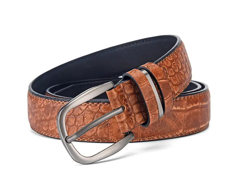 Men's Brown Croc Leather Belt with Silver Buckle — feature 6
