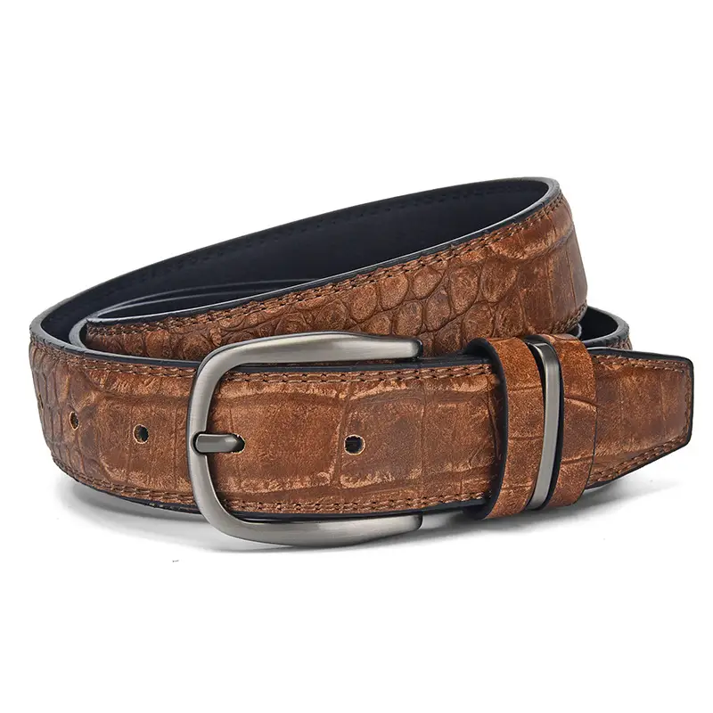 Men's Brown Croc Leather Belt with Silver Buckle - Image 2