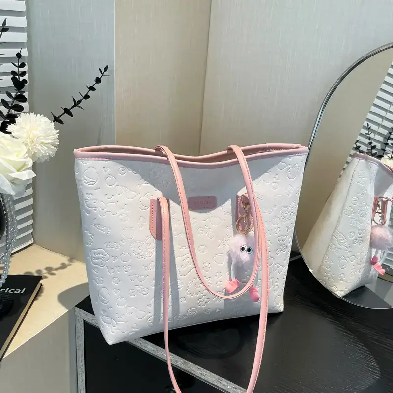 Korean Style Cream Shoulder Bag with Doll Decor - Image 10