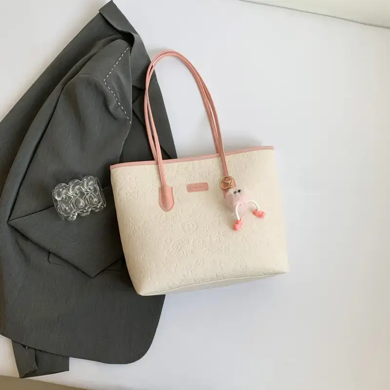 Korean Style Cream Shoulder Bag with Doll Decor - Image 3