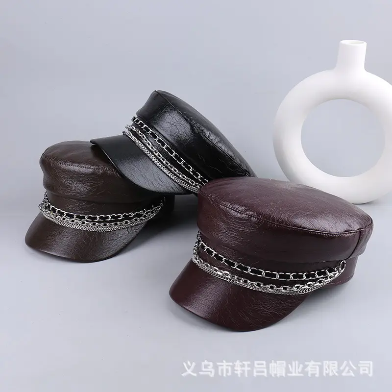 Black PU Leather Chain Cap for Women British Vintage - Image 5