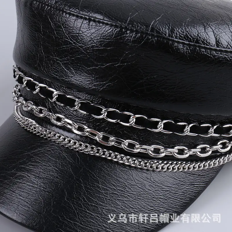 Black PU Leather Chain Cap for Women British Vintage - Image 6