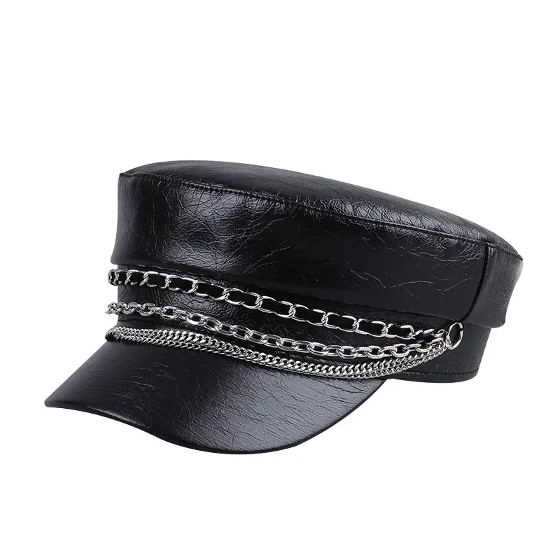 Black PU Leather Chain Cap for Women British Vintage - Image 8