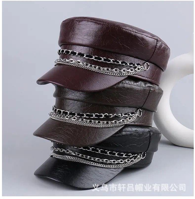 Black PU Leather Chain Cap for Women British Vintage — feature 29