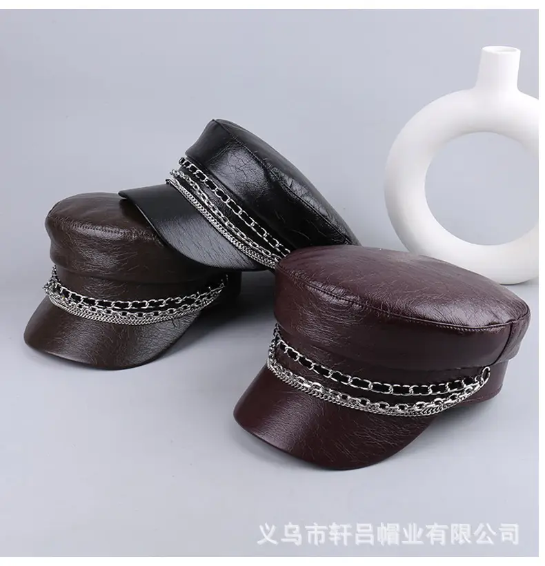Black PU Leather Chain Cap for Women British Vintage — feature 30
