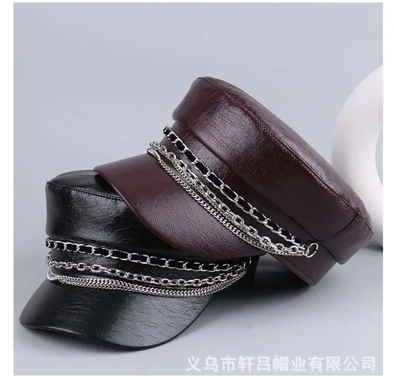 Black PU Leather Chain Cap for Women British Vintage — feature 31