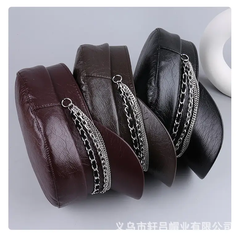 Black PU Leather Chain Cap for Women British Vintage — feature 32