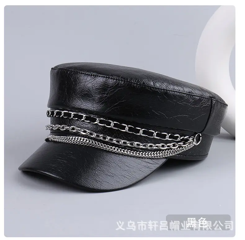 Black PU Leather Chain Cap for Women British Vintage — feature 33