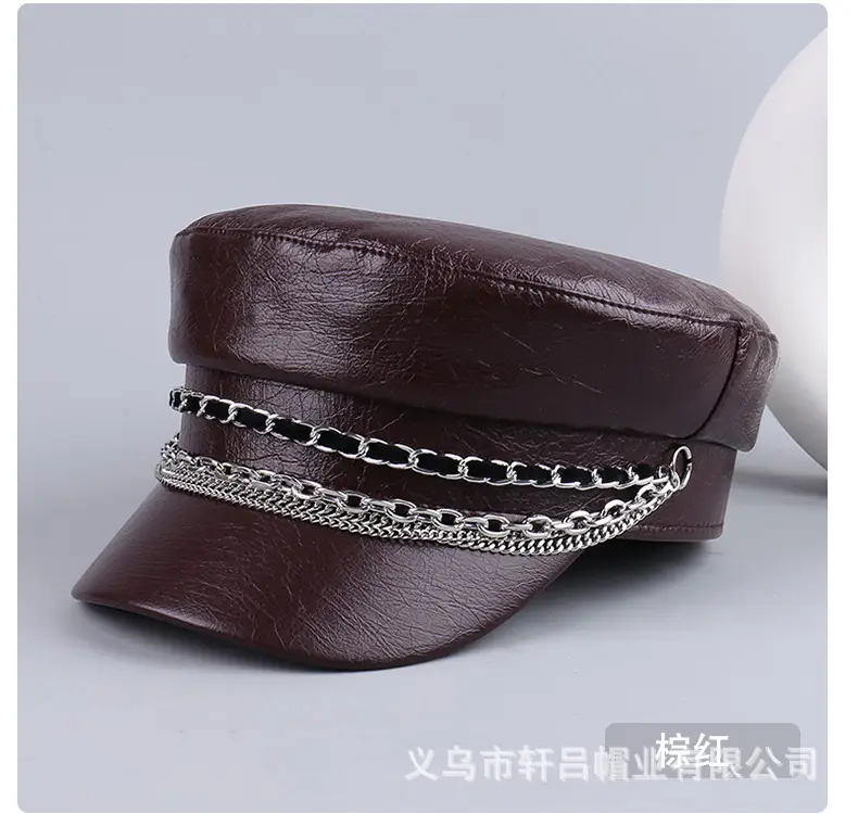 Black PU Leather Chain Cap for Women British Vintage — feature 34