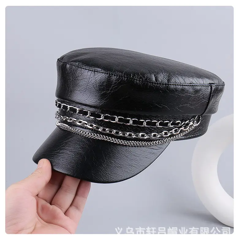 Black PU Leather Chain Cap for Women British Vintage — feature 36