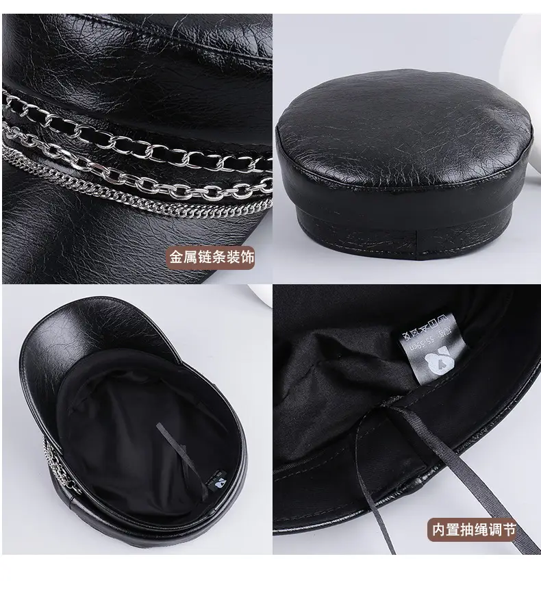 Black PU Leather Chain Cap for Women British Vintage — feature 37
