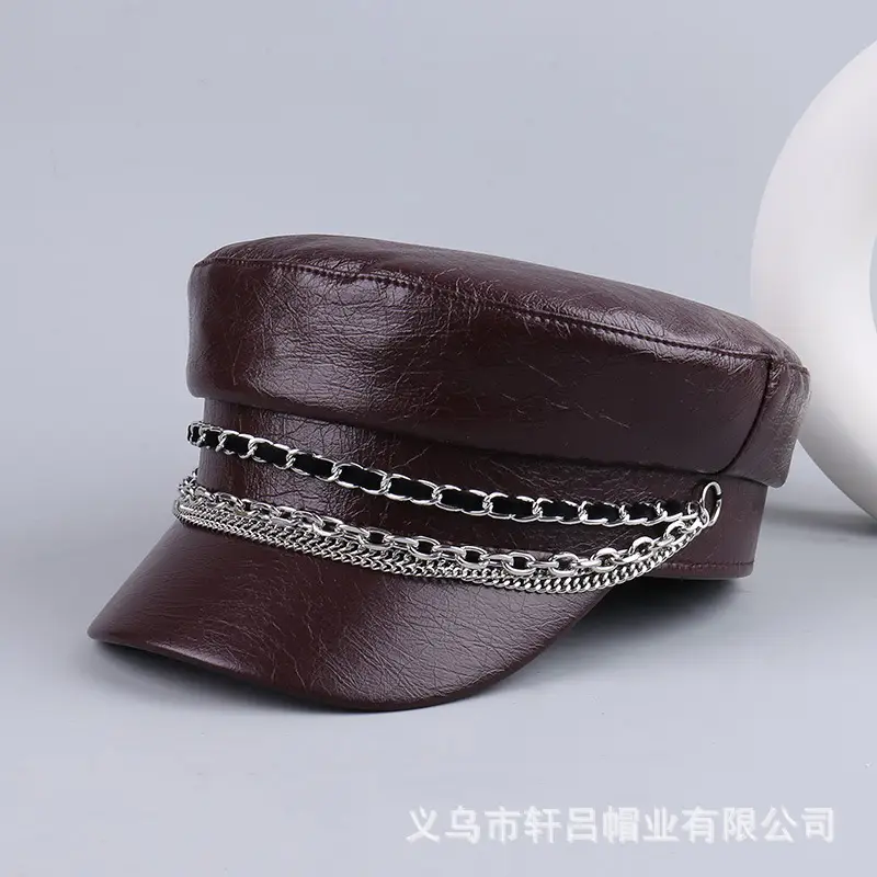 Black PU Leather Chain Cap for Women British Vintage - Image 2