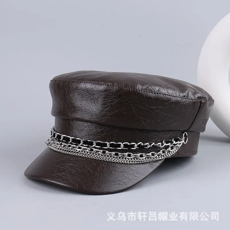 Black PU Leather Chain Cap for Women British Vintage - Image 3