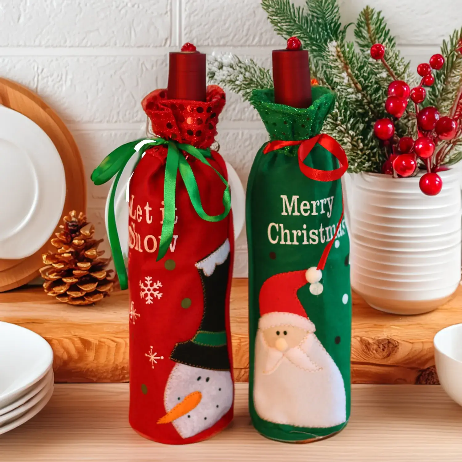 Christmas Wine Bottle Bags with Snowman & Santa Design - Image 4