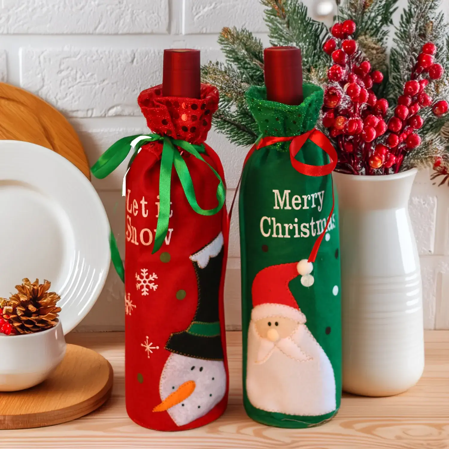 Christmas Wine Bottle Bags with Snowman & Santa Design - Image 5
