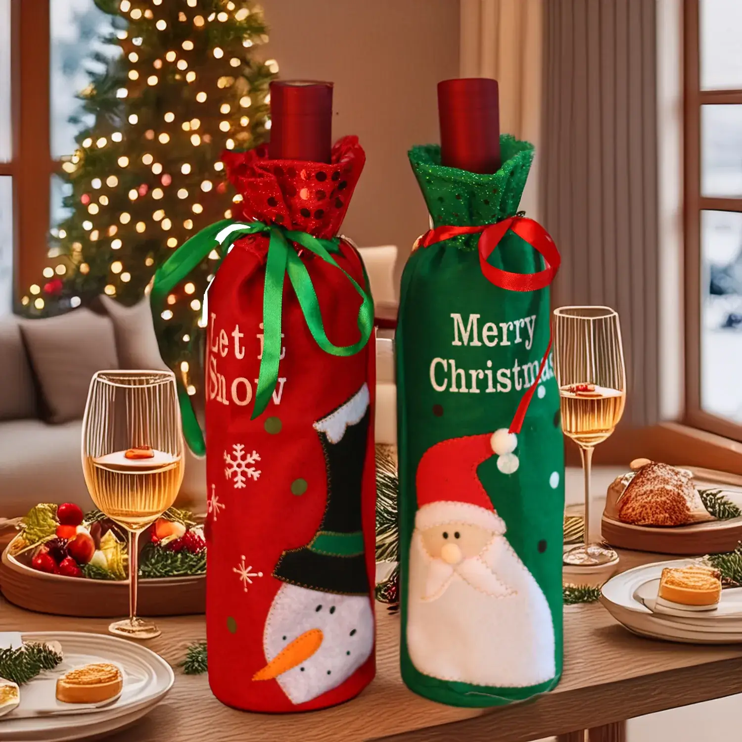 Christmas Wine Bottle Bags with Snowman & Santa Design - Image 6