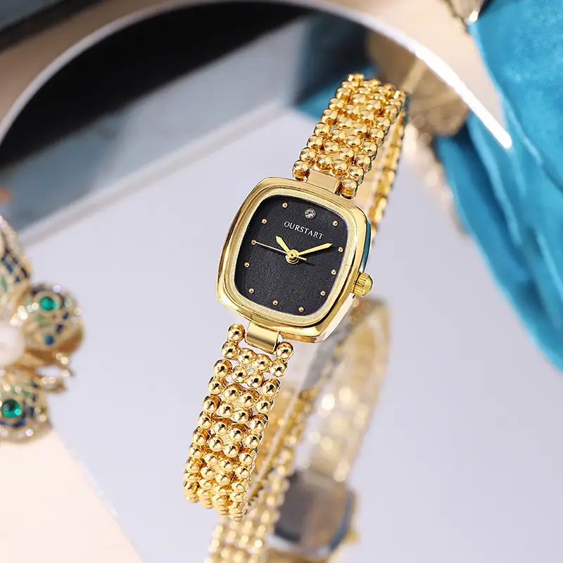 Women's Gold Square Watch with Beaded Belt & Black Dial - Image 6