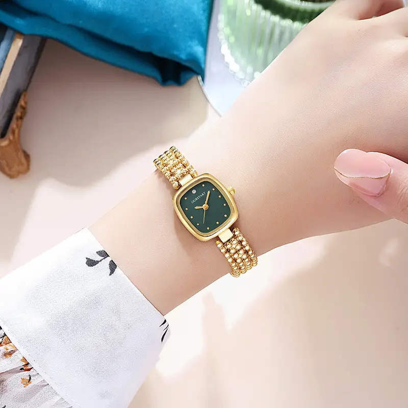 Women's Gold Square Watch with Beaded Belt & Black Dial - Image 7