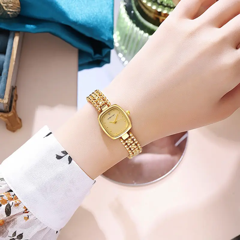 Women's Gold Square Watch with Beaded Belt & Black Dial - Image 8