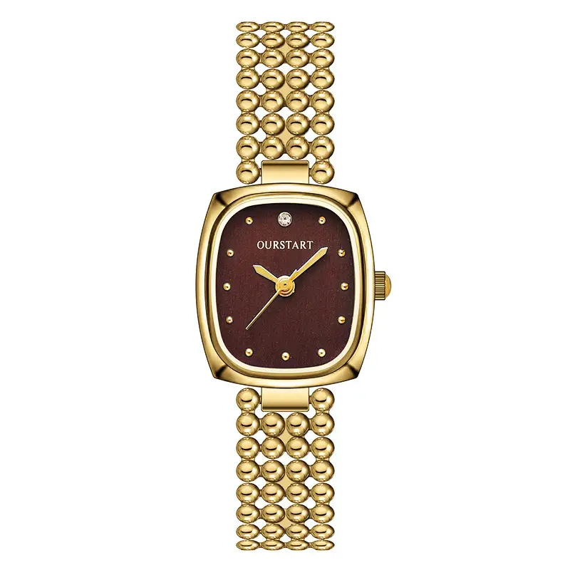Women's Gold Square Watch with Beaded Belt & Black Dial - Image 2