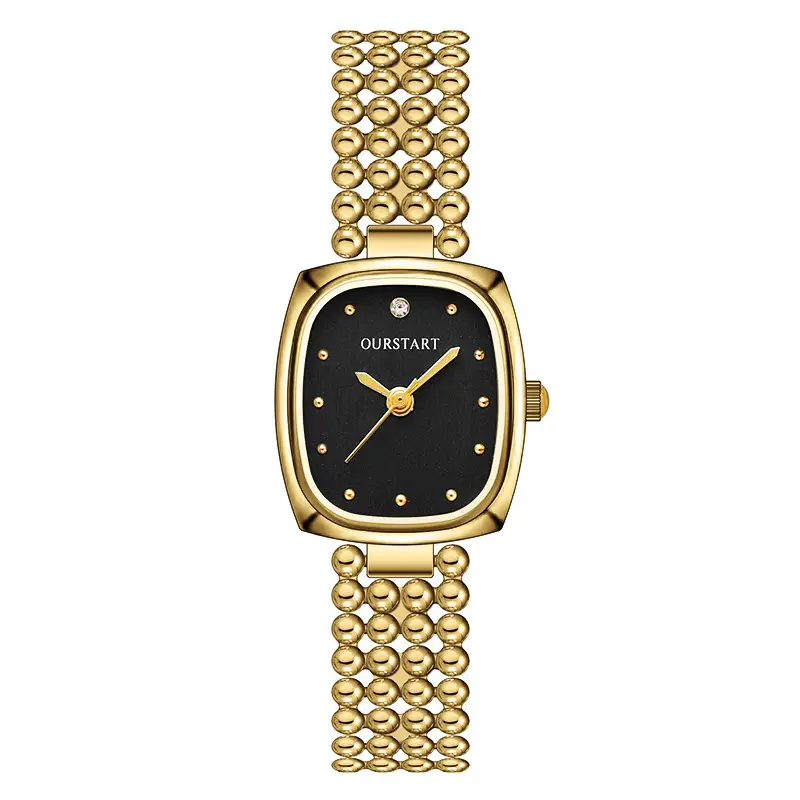 Women's Gold Square Watch with Beaded Belt & Black Dial - Image 3
