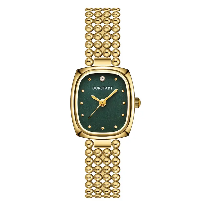 Women's Gold Square Watch with Beaded Belt & Black Dial - Image 4