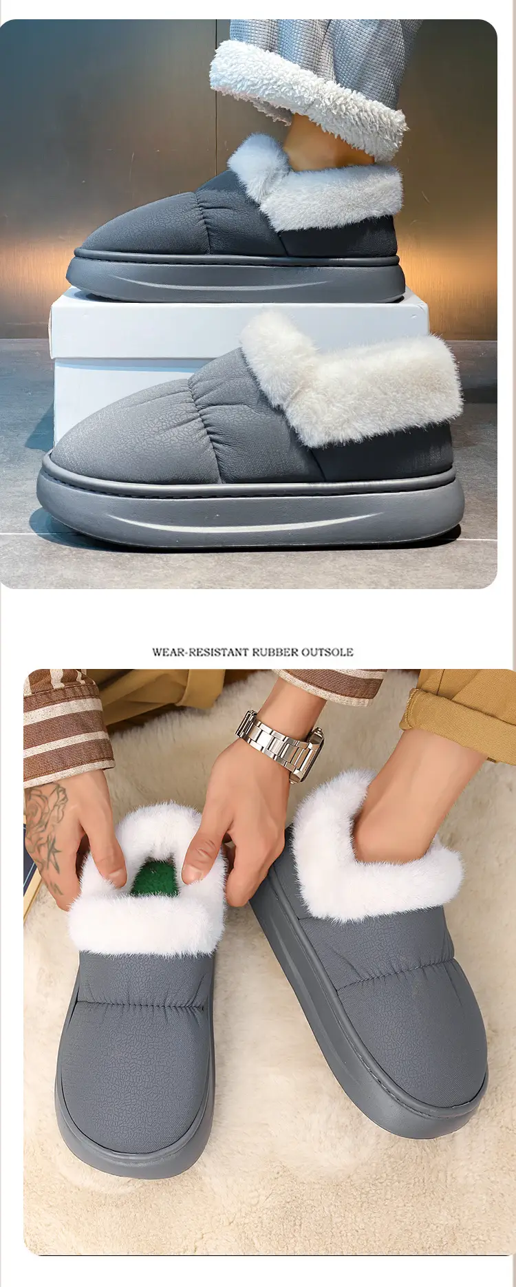 Men's Winter Fleece Slippers Grey Thick Bottom — feature 11