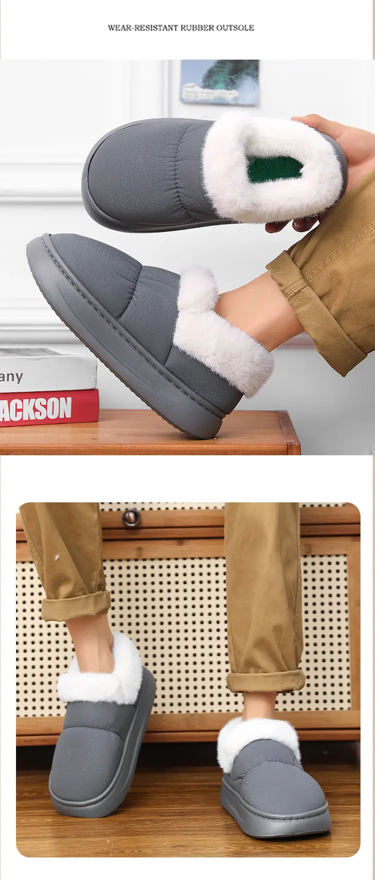 Men's Winter Fleece Slippers Grey Thick Bottom — feature 12