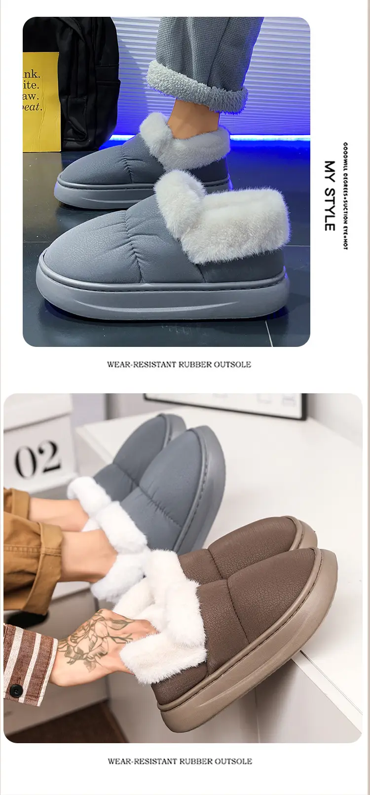 Men's Winter Fleece Slippers Grey Thick Bottom — feature 13