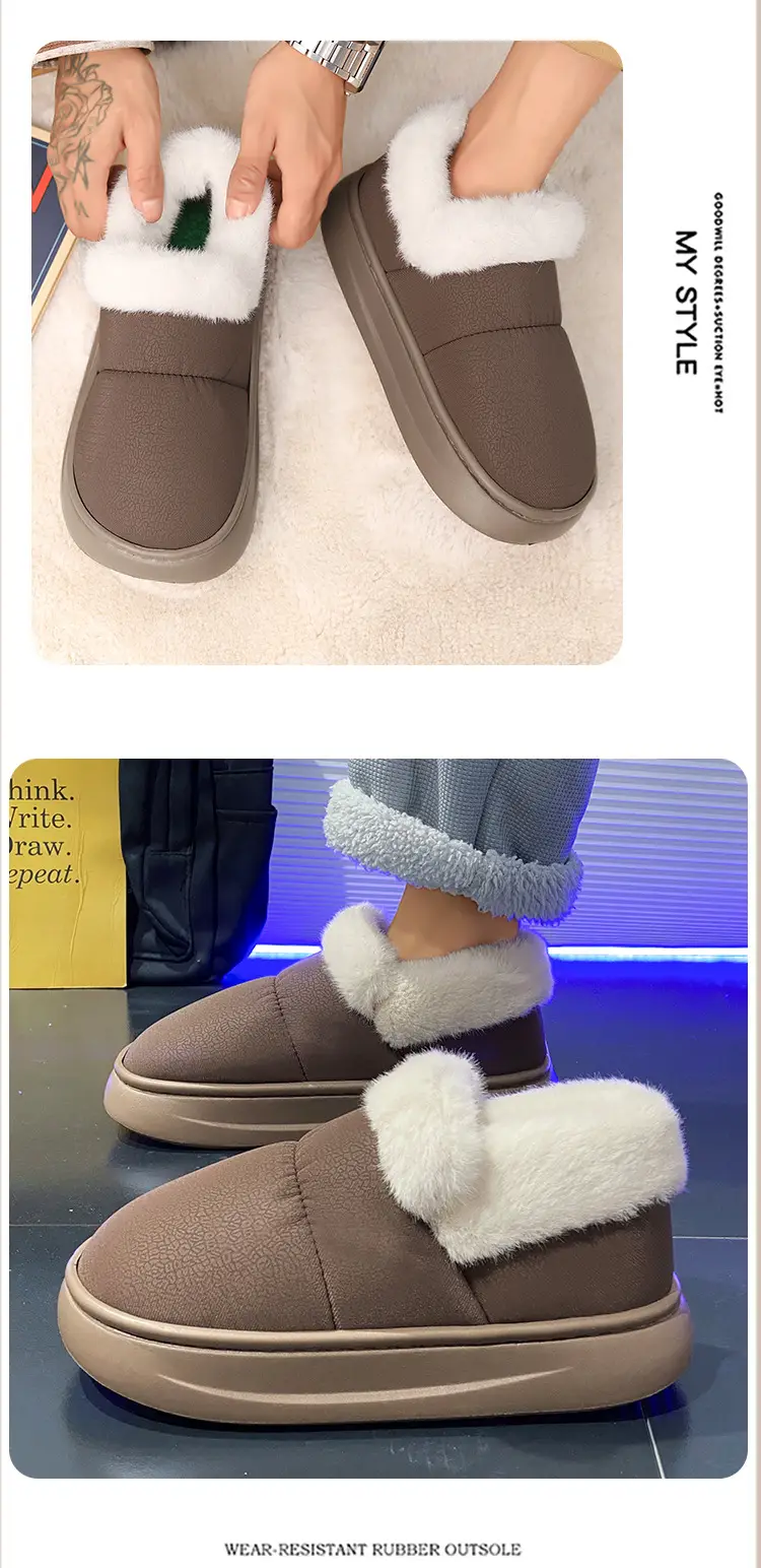 Men's Winter Fleece Slippers Grey Thick Bottom — feature 9